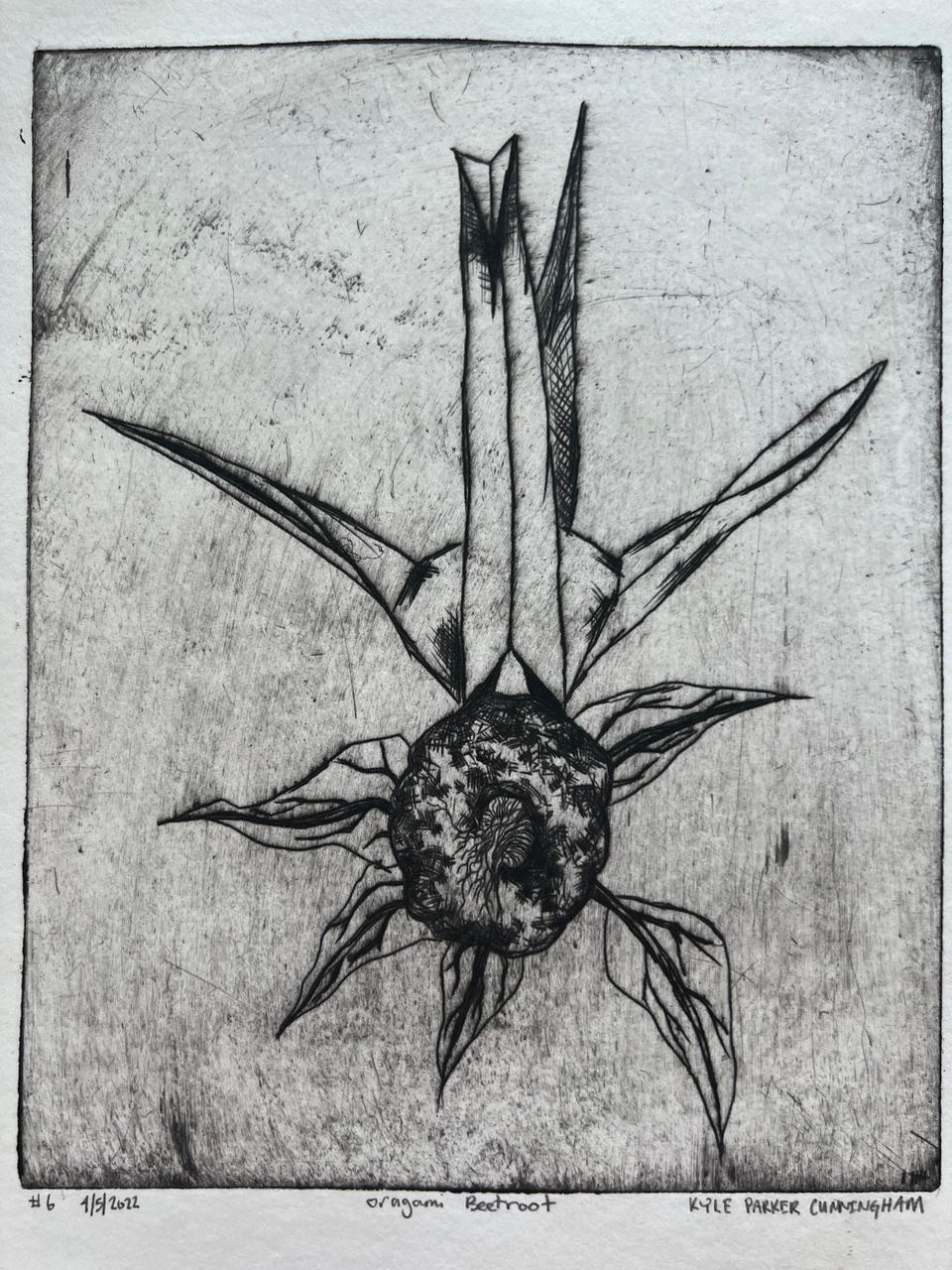 Full view of the Origami Beetroot drypoint print on handtorn paper, showing the pencil-signed title, edition number, and artist signature beneath the plate mark.