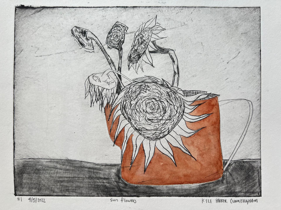 Full view of the Sunflowers drypoint print on handtorn paper, showing the pencil-signed title, edition number, and artist signature beneath the plate mark.