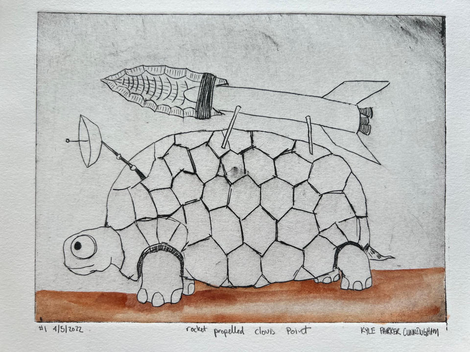 Intaglio drypoint print of a whimsical turtle carrying a rocket and a Clovis arrowhead on its hexagonal-patterned shell, with a satellite dish near its head, hand-colored with burnt orange along the ground line.