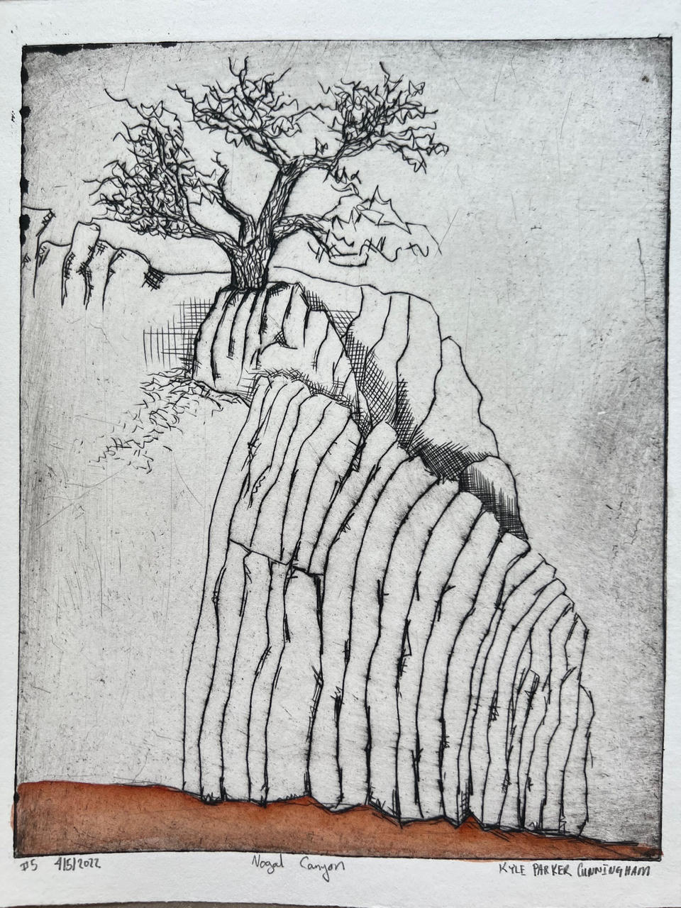 Intaglio drypoint print of a layered rock formation with curved, ridged strata and a gnarled tree growing from its top, hand-colored with burnt orange along the ground line at the base of the cliff.