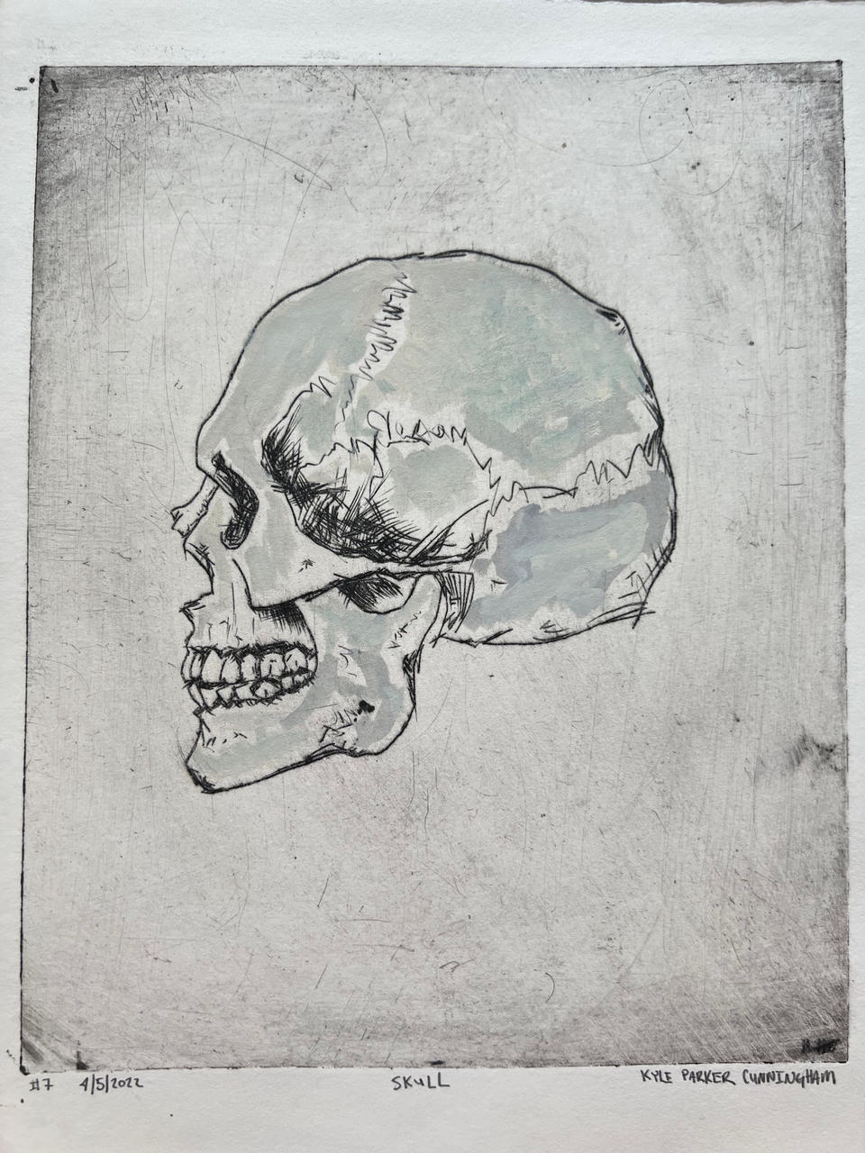 Full view of the Skull drypoint print on handtorn paper, showing the pencil-signed title, edition number, and artist signature beneath the plate mark.