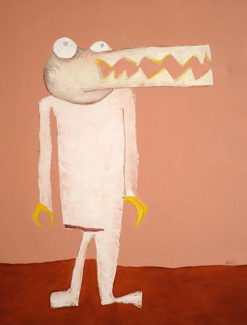 Mixed-media painting of a whimsical upright crocodile-like creature with a long toothy snout, white body, and yellow claws, standing on a dark rust-colored ground against a muted pink background.