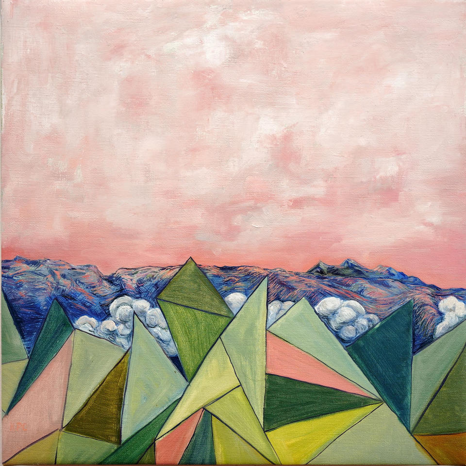 Oil painting of a New Mexico landscape with geometric, faceted green and olive triangular shapes forming mountains and forest in the lower half, white clouds nestled between peaks, blue-purple mountain ridges along the horizon, and a hazy pink sky above.
