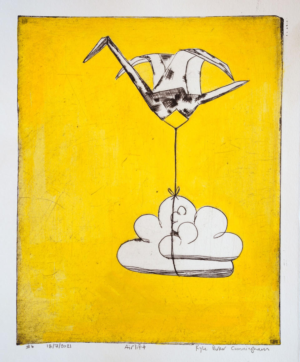 Hand-colored print of the Airlift origami crane carrying a white cloud, set against a vivid yellow gouache background that fills the entire plate area.