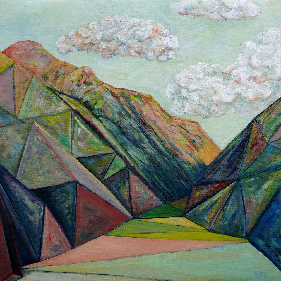 Oil painting of a mountain valley rendered in geometric, faceted planes of green, teal, rose, and ochre, with billowing white clouds above and a pale green twilight sky, the angular forms converging toward a creek bed in the foreground.