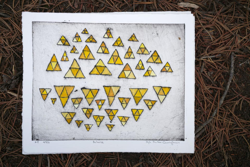 Drypoint intaglio print on Rives BFK paper covered with dozens of hand-painted golden-yellow and amber triangular tree forms in varying sizes, scattered across the composition like an abstract forest, photographed on a bed of pine needles.