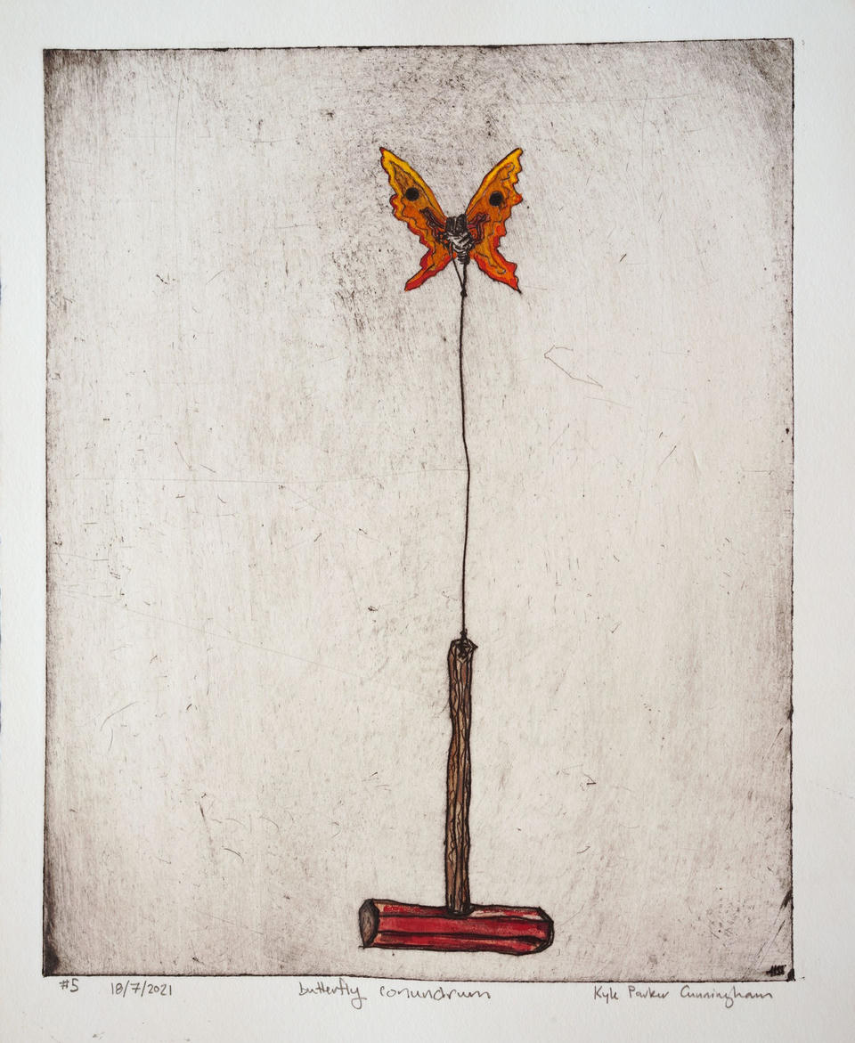 Full view of the Butterfly Conundrum print showing the hand-colored butterfly balanced above the upright hammer handle, with visible drypoint scratches across the pale background.