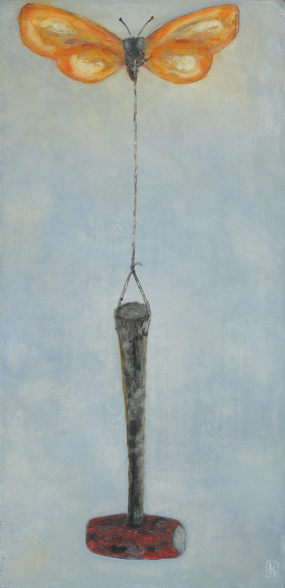 Oil painting of an orange butterfly suspended by a thin tether above an upright wooden-handled sledgehammer with a red head, centered on a soft pale blue-gray ground.