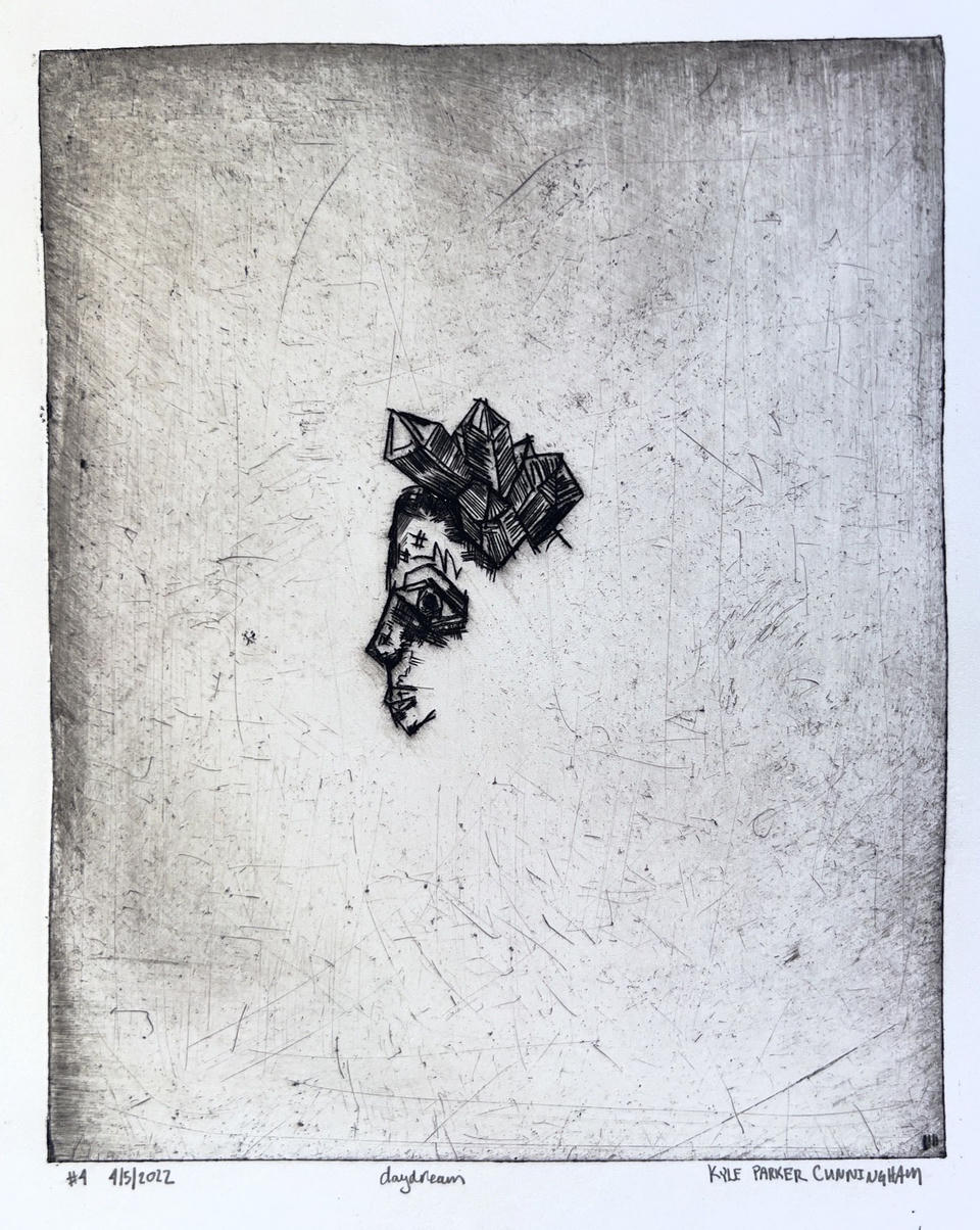 Black and white intaglio print of a small face in profile at center, crowned with angular crystalline geometric forms, floating against a vast scratched and textured gray field.