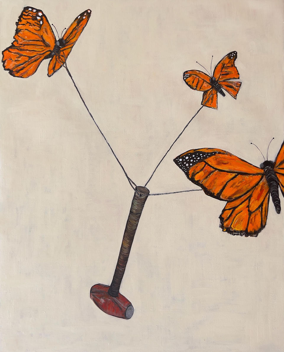 Oil painting on linen of three bright orange monarch butterflies tethered by thin strings to a red sledgehammer, appearing to lift it into the air against a soft cream background.