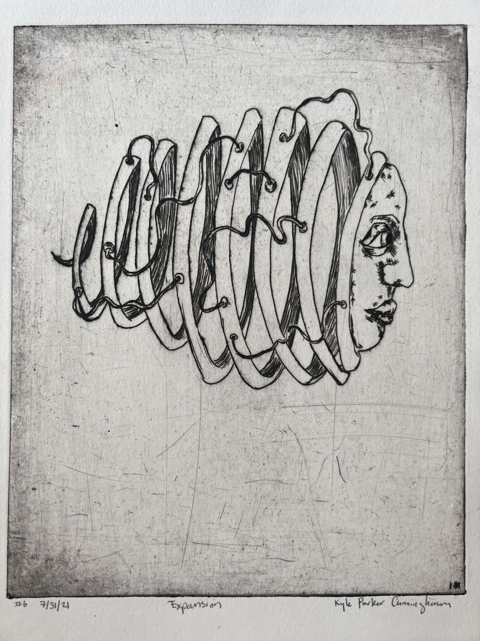 Wider view of the Expansion drypoint print showing the full paper margins around the segmented face composition, with handwritten edition number, title, and signature below the plate mark.