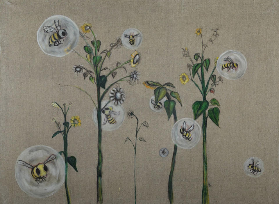 Oil painting on raw linen of yellow-and-black bees enclosed in translucent protective bubbles, floating among tall green-stemmed wildflowers with yellow blooms against a natural linen-toned background.