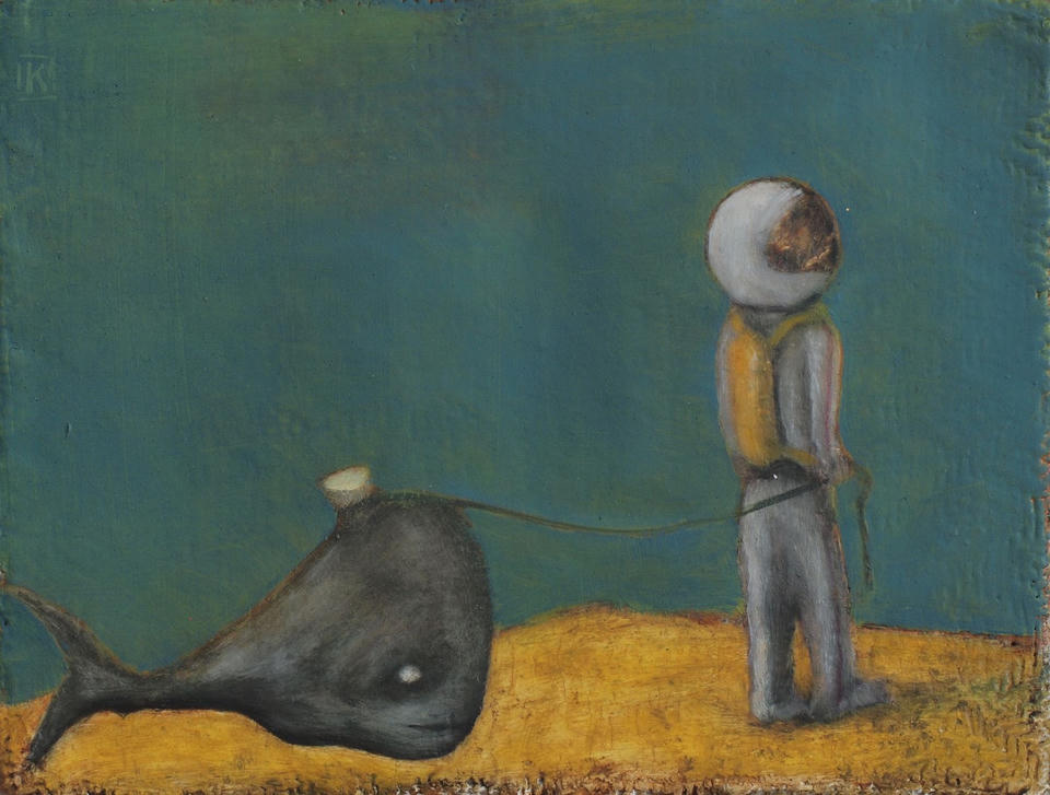 Small oil painting on handwoven linen of a figure in a yellow vest and helmet walking a dark whale on a leash across golden ground, set against a deep teal sky.