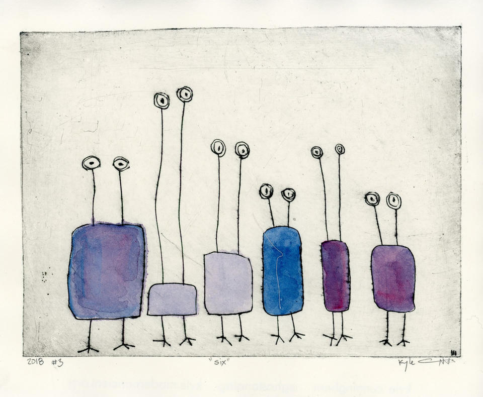 Drypoint intaglio print of six whimsical boxy creatures standing in a row, each with thin stick legs, bird-like feet, and tall stalked eyes, hand-colored in shades of purple, lavender, and blue watercolor on cream paper.