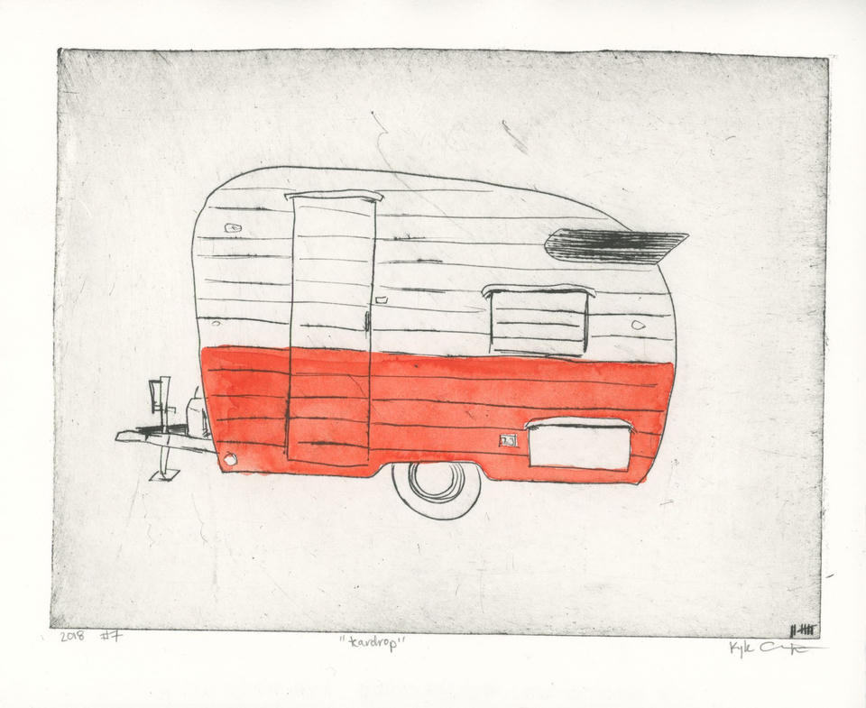 Hand-colored variant of the teardrop camper print with watercolor, featuring a bright red-orange wash covering the lower half of the trailer body against soft grey drypoint linework on cream paper.