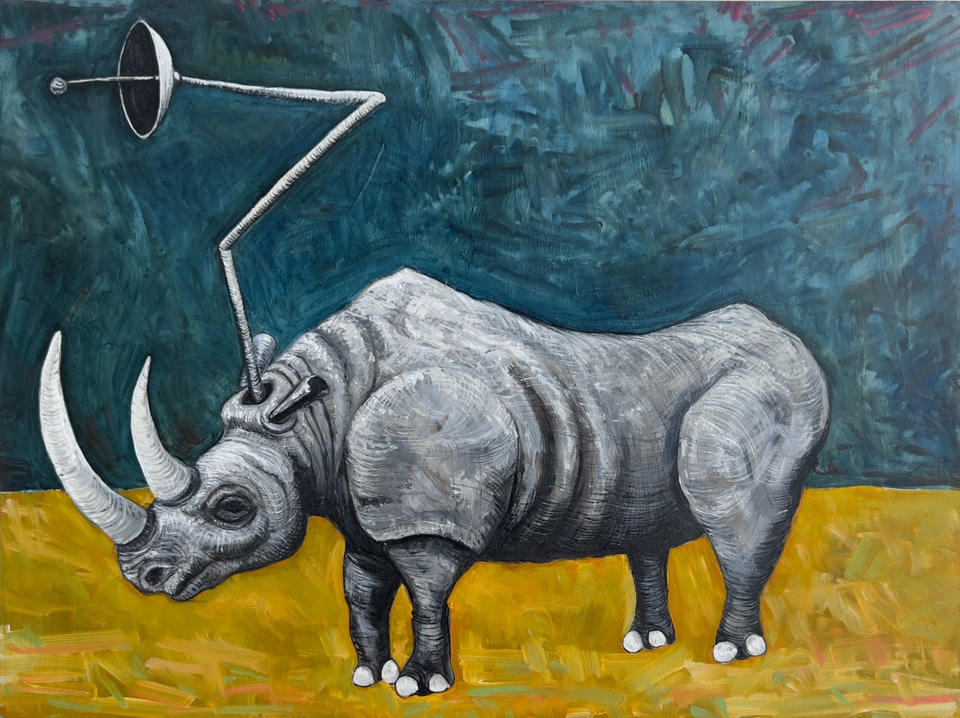 Oil painting on gesso panel of a large gray rhinoceros with a satellite dish antenna mounted on its back, standing on yellow-ochre ground against a dark teal sky with expressive brushwork.