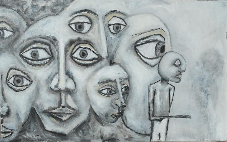 Oil painting of multiple overlapping gray-toned faces with large expressive eyes crowding the composition, alongside a small standing figure in profile on the right, rendered in monochromatic grays and whites.