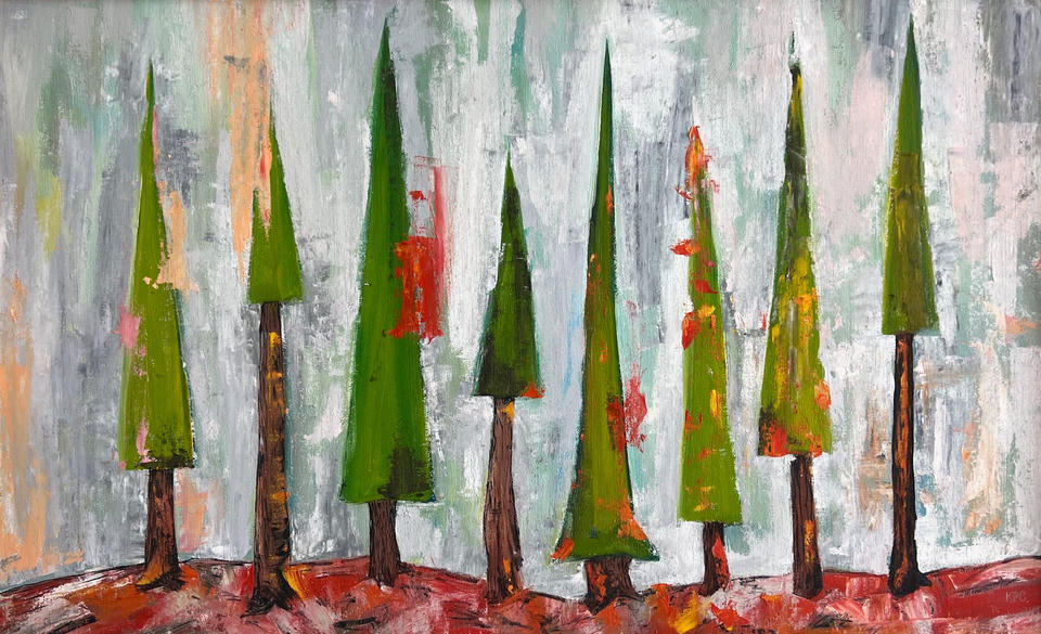 Oil painting on linen of a row of green conifer trees with brown trunks standing on red earth, with splashes of red and orange suggesting flames, against an abstracted gray and white sky.