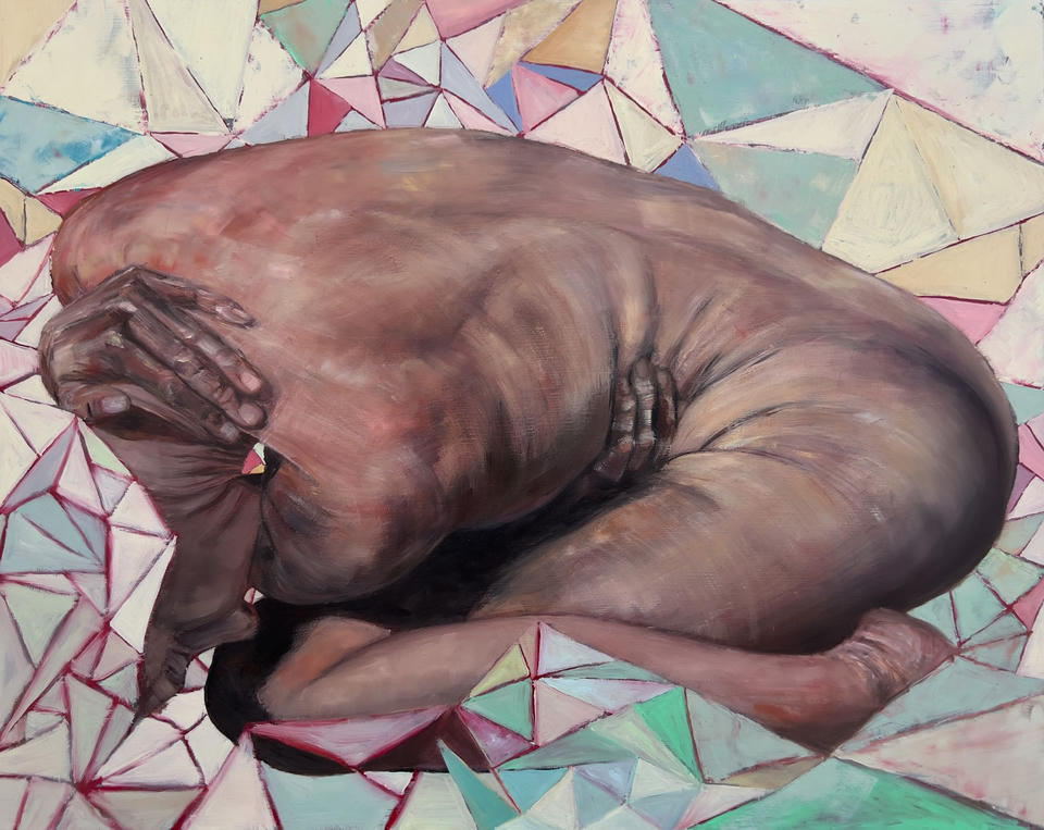 Oil painting of a curled nude figure with hands covering the face, rendered in warm brown tones against a fragmented geometric background of pastel pink, teal, lavender, and cream triangles.